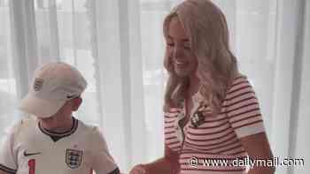 Jordan Pickford's wife Megan stuns in red and white Chanel dress as she and their children get excited for England's quarter-final World Cup game