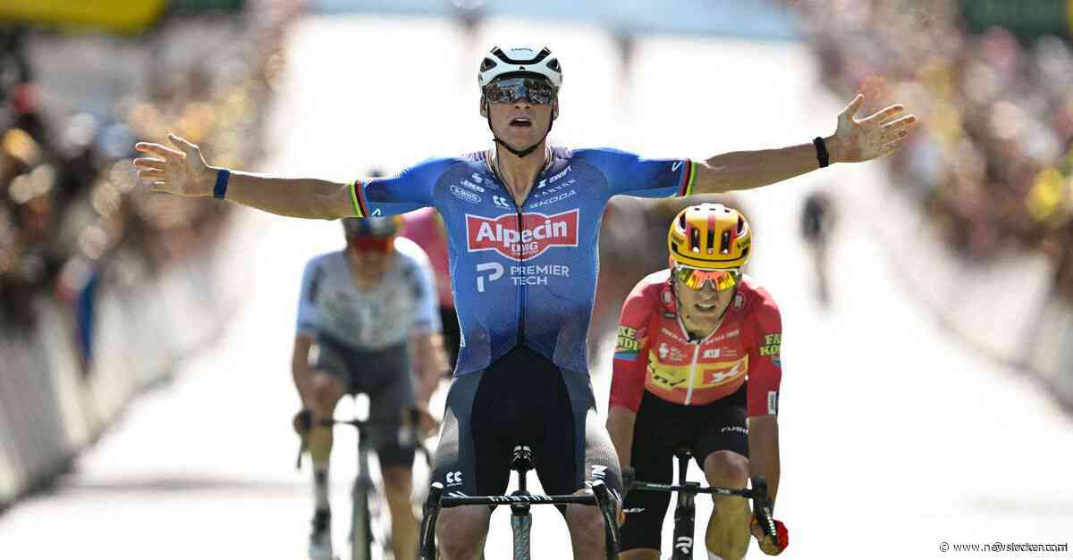 Mathieu van der Poel heeft zijn eerste grote etappezege van het seizoen te pakken. Na een lange vlucht wint hij de sprint: het zag er machtig uit