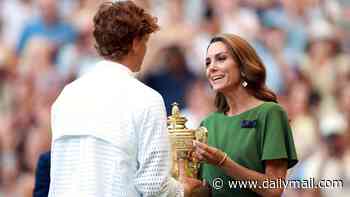 Beaming Princess Kate hands Jannik Sinner the Wimbledon winner's trophy after he beat Alexander Zverev in men's final - as William, George and Charlotte watch on