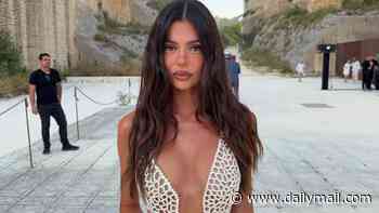Aussie influencer reveals her G-string tan line as she wears a completely see-through dress made out of just pearls to an event in Sicily