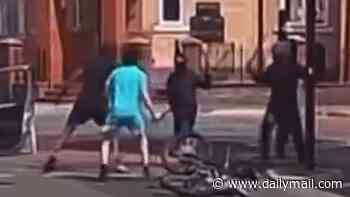 Moment machete-wielding gang on bikes brawl with driver in front of horrified passersby in broad daylight