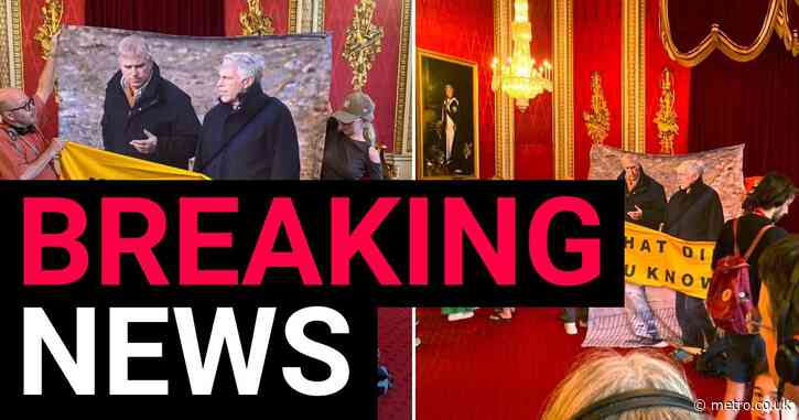 Protesters hang up picture of Andrew and Epstein inside Buckingham Palace
