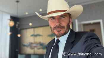 David Beckham does his best cowboy impression while posing in a Stetson and devouring barbecued meat as he arrives in Dallas for first World Cup semi-final