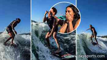 Hamilton shows off impressive surfing skills as Kim K gets HYPED!