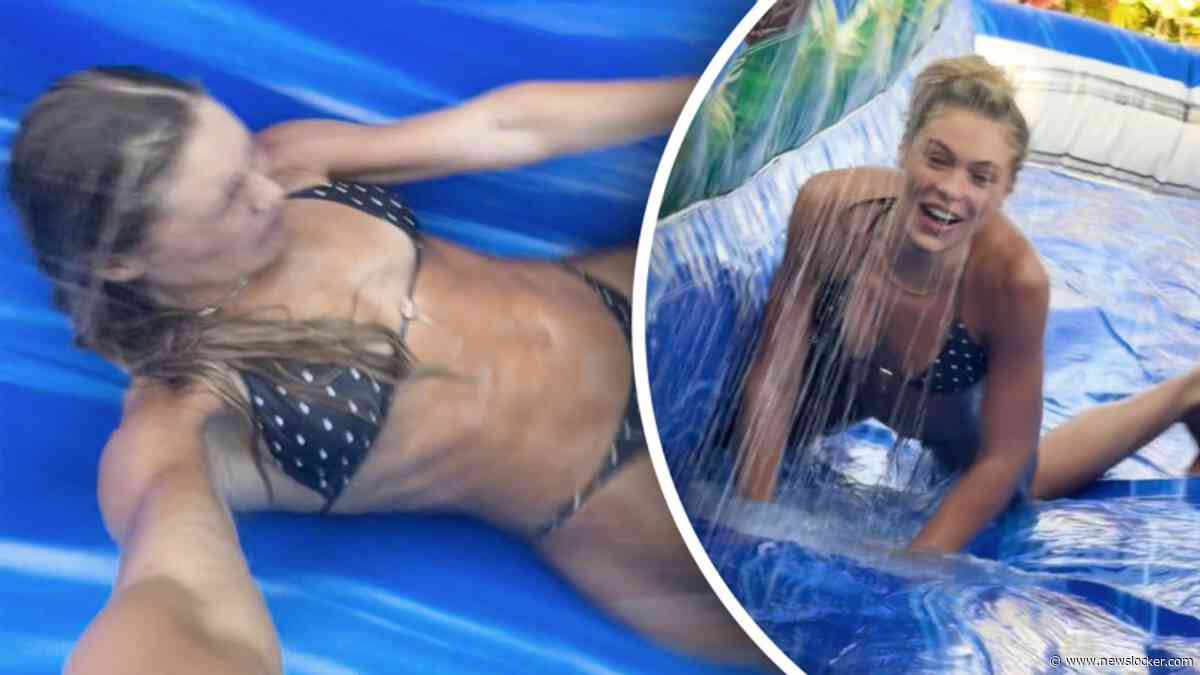 Jutta Leerdam geniet van waterglijbaan in eigen tuin