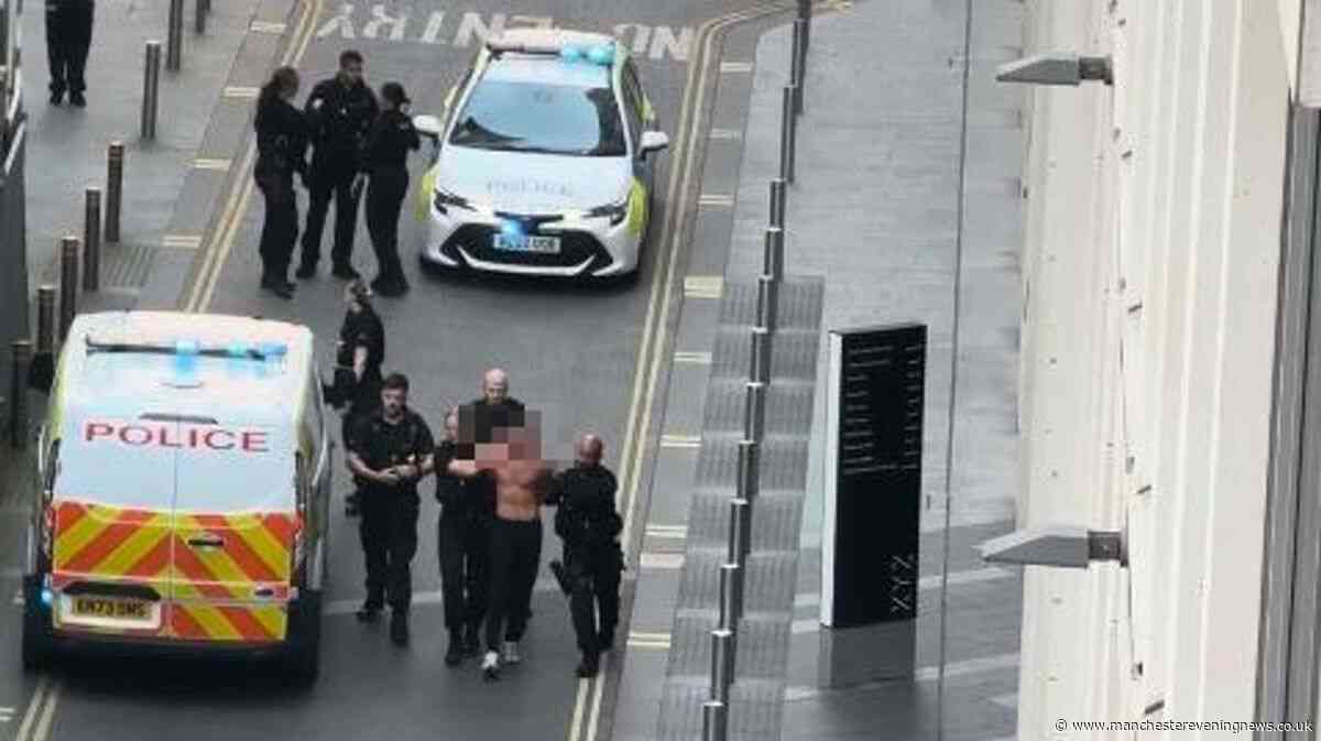 Shirtless man seen being bundled into back of police van after 'escaping custody' in court