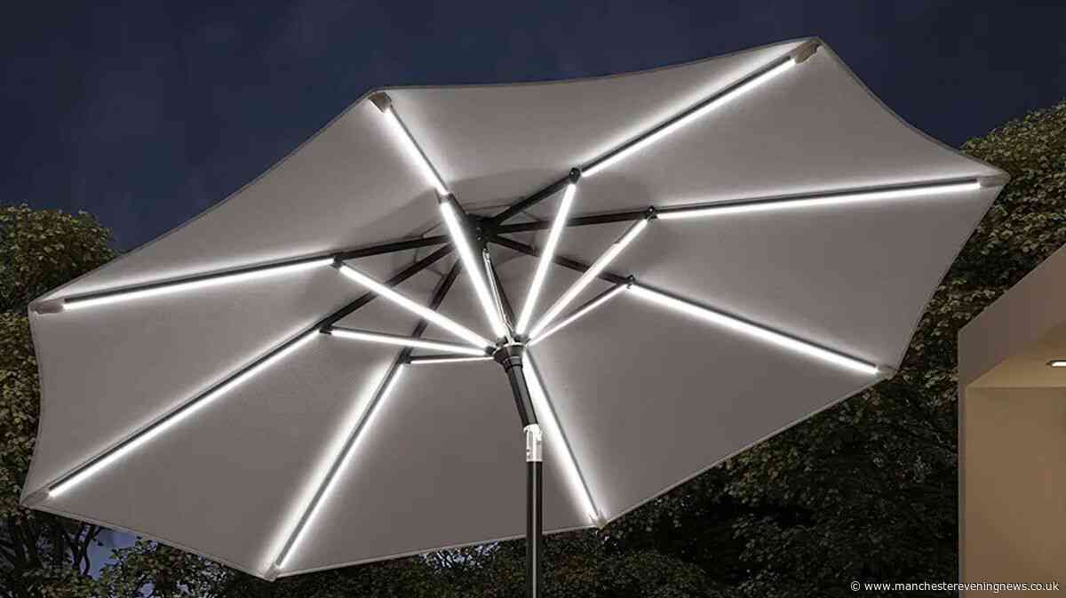 Large £147 patio parasol that lets you work outdoors and lights up at night reduced to £77