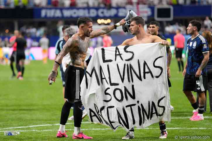 Argentina players celebrate beating England with ‘Falklands are Argentinian’ banner