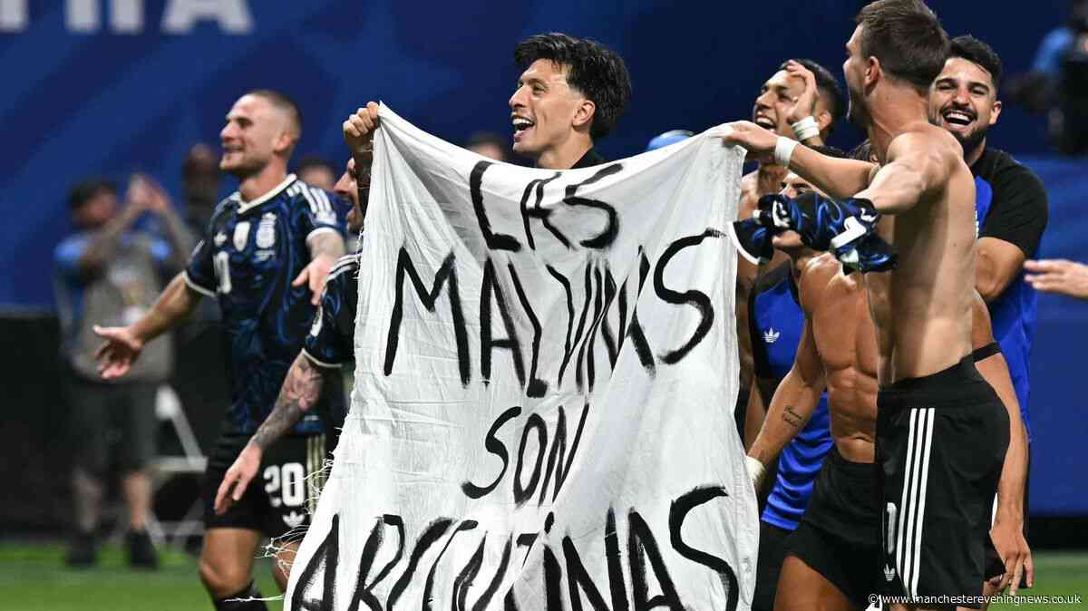 Man Utd star holds 'Falklands belong to us' banner with Argentina after England exit