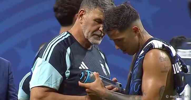 Argentina players laugh after finding Jordan Pickford’s water bottle with penalty ‘cheat sheet’