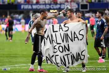 Minister hits out after Argentina players celebrate England win with ‘entirely inappropriate’ Falklands banner