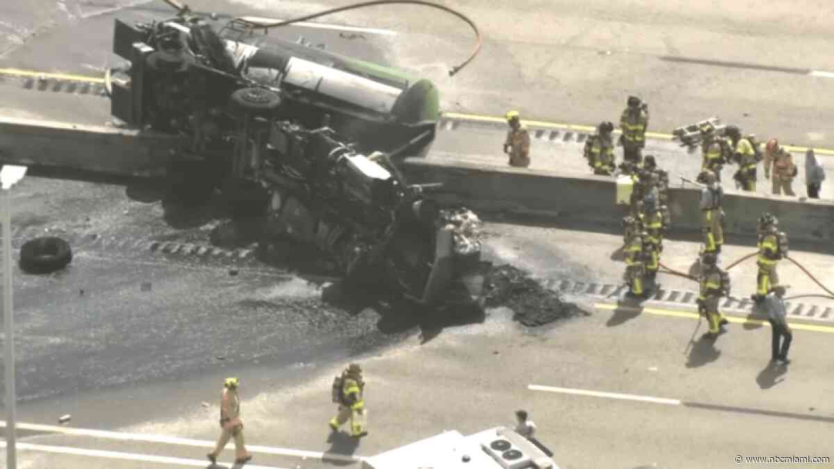 Driver killed, Turnpike completely shut down after fiery tanker truck crash at Bird Road