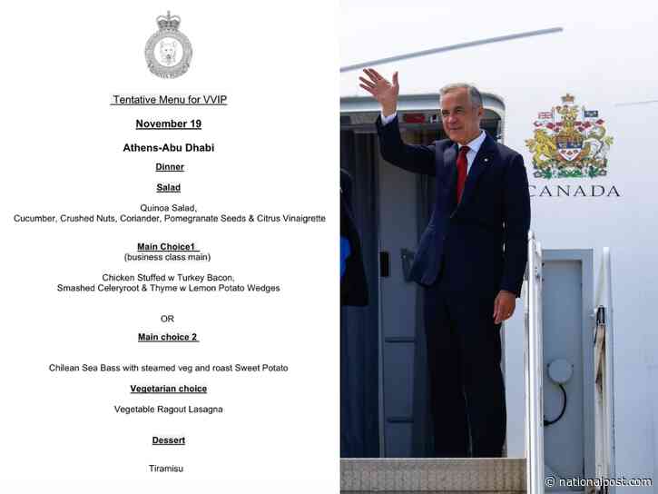 Carney and team's $160K in-flight menu includes chicken chasseur, Chilean sea bass and 'death by chocolate': CTF