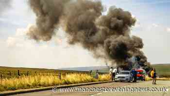 Firefighters battling blazes across three counties after car fire ignites moorland