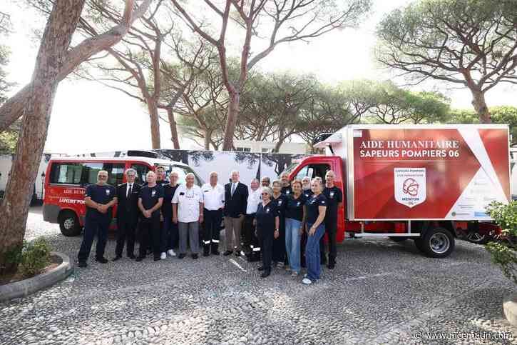 L’association Aide humanitaire sapeurs-pompiers 06 Menton inaugure un nouveau camion frigorifique financé en partie par Monaco, en présence du prince Albert II