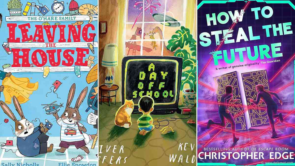 The best books to keep kids of all ages entertained this summer holiday: LEAVING THE HOUSE by Sally Nicholls Illustrated by Ellie Snowdon, A DAY OFF SCHOOL by Oliver Jeffers Illustrated by Kevin Waldron, HOW TO STEAL THE FUTURE by Christopher Edge