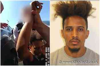 Moment saw-wielding shoplifter arrested after shocking attack on store staff - as he is jailed for 10 years