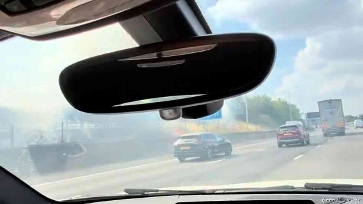 Travel chaos on the M25 as drivers are engulfed by thick smoke after dry fields go up in flames