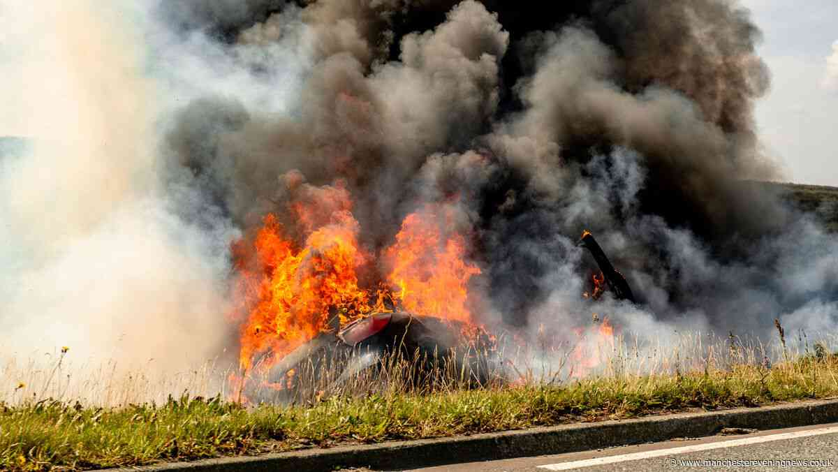 Major road closure update after car bursts into flames and spreads to moorland
