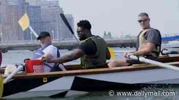 'I think I've pulled my thigh!': Wayne Rooney hurts himself doing the Viking Row on the Hudson River with Micah Richards and Joe Hart - as he fulfils promise to Erling Haaland after Norway's World Cup performance