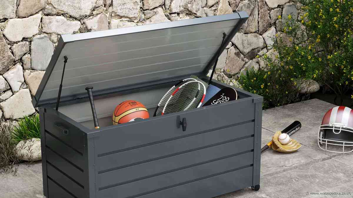 'Easy to assemble' lockable outdoor storage box on wheels reduced in summer sale