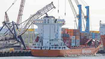 Person is rushed to hospital after a ship crashes into a crane at port - as pictures show mangled wreckage