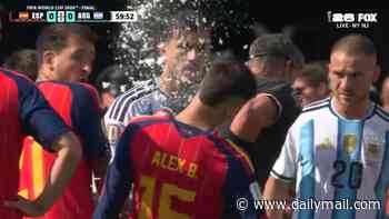 World Cup final referee suffers embarrassing spray malfunction... leaving Spain star covered in foam