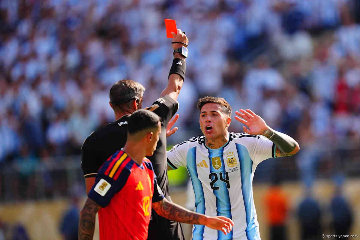 World Cup final: Enzo Fernández sent off with late red card for physical challenge as yellow cards pile up for Argentina