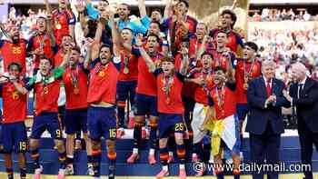 Donald Trump ignores FIFA president's call to leave the stage as he joins Spain's World Cup final trophy lift in awkward moment