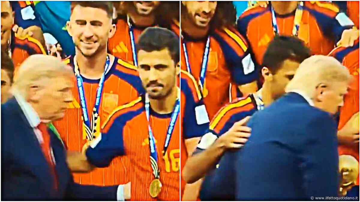 Trump, che imbarazzo durante la premiazione: prima i fischi fortissimi dello stadio, poi Rodri lo allontana prima di alzare la coppa