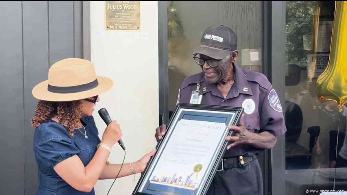 100th birthday celebration for retiring Miami security guard, World War II veteran