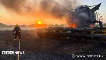 Combine harvester causes large farmland blaze