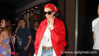 Dua Lipa leaves recording studio in New York wearing red jacket and bandana as new husband Callum Turner catches up with a pal over dinner after busy week of events
