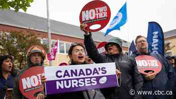People protest Alberta's dual practice health model outside premiers conference
