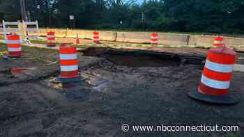 Crews work to repair large sinkhole on Route 10 in New Haven