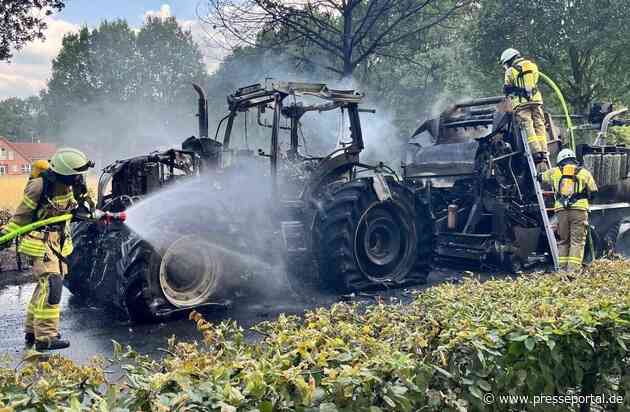 FW-OLL: Traktor mit Presswickelkombination vollständig ausgebrannt - Feuerwehr verhindert weitere Brandausbreitung