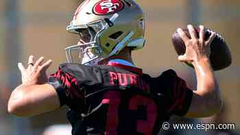 Purdy, 49ers practice with Shanahan in distance