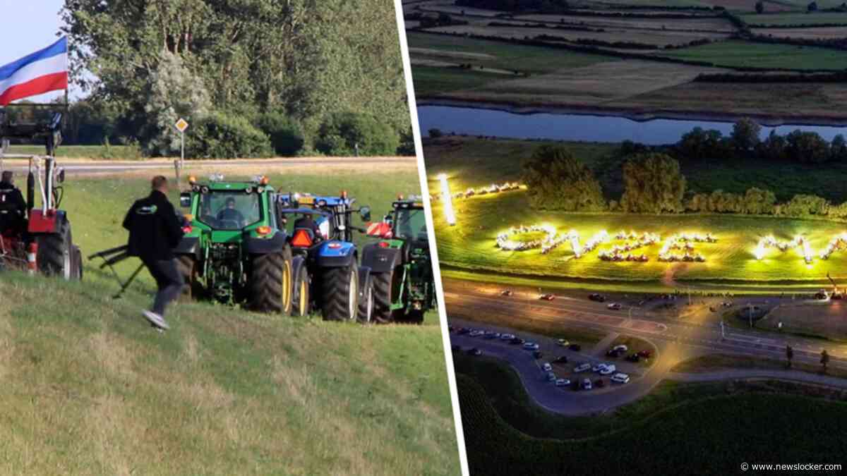 Boerenprotesten in beeld: trekkers vormen tekst langs de IJssel