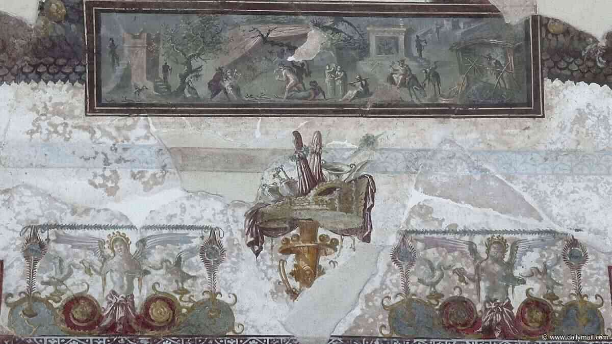 Piecing together Pompeii's forgotten past: Archaeologists restore the ceiling of a banquet hall - revealing a fresco depicting the mythological union of Dionysus and Ariadne