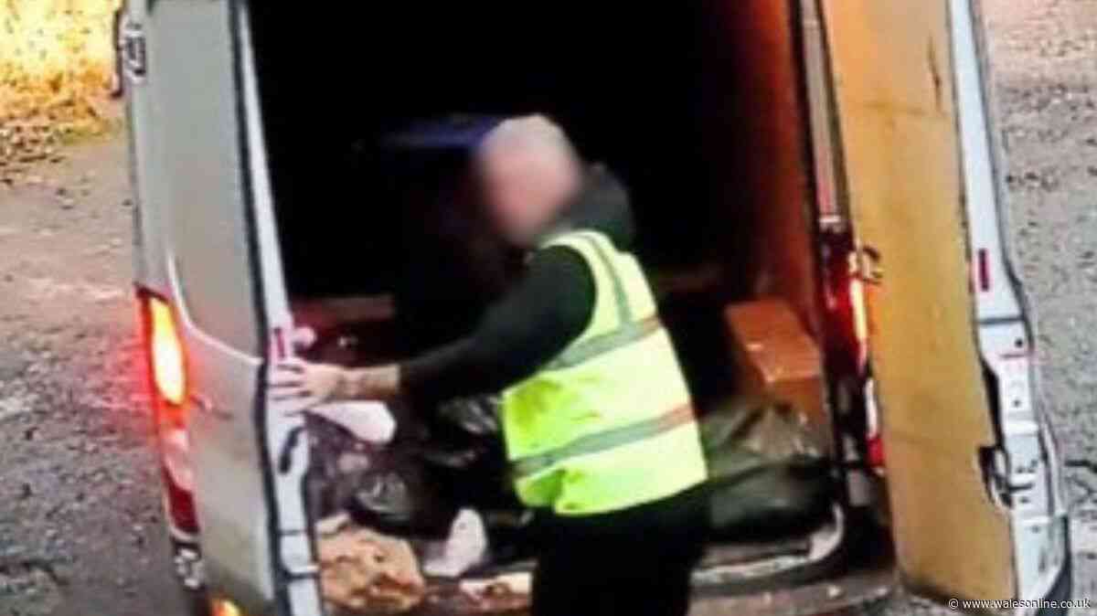 He looks straight into the CCTV camera then dumps waste from his van