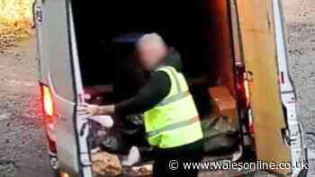 He looks straight into the CCTV camera then dumps waste from his van