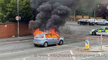 Firefighters rush to Stockport road after Fiat Punto bursts into flames