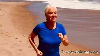 Denise Welch, 68, reveals how she keeps in shape as she works out on Malibu beach in blue lycra outfit and wishes son's new wife Gabbriette a happy birthday