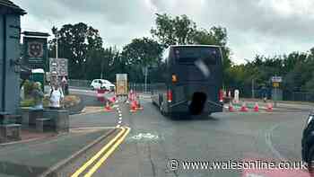 People watch in horror as coach nears historic Welsh bridge undergoing repairs
