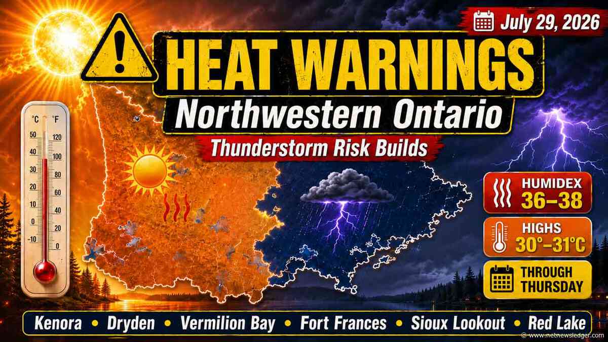 Yellow heat warnings cover Kenora, Dryden, Vermilion Bay, Fort Frances, Sioux Lookout and Red Lake