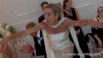 Kate Lawler suffers a drunken fall as she goes flying off her chair in high heels at her brother's wedding as she jokes 'I'm a broken woman'