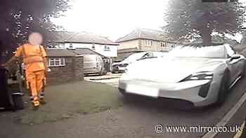 Reckless Porsche driver mounts kerb to pass bin lorry - as bosses warn lives are at risk