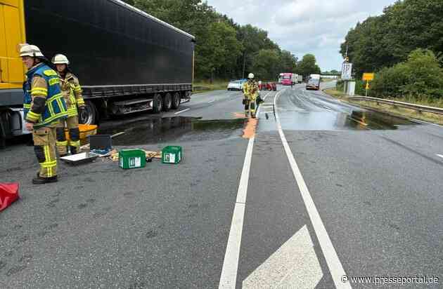 FW Bremerhaven: Verkehrsunfall auf der Cherbourger Straße: Aufgerissener LKW-Tank sorgt für Vollsperrung und Dieselaustritt