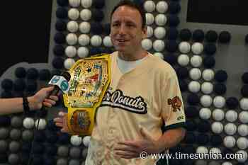 Competitive eating legend Joey Chestnut decimates doughnuts at Hudson Valley Renegades baseball game