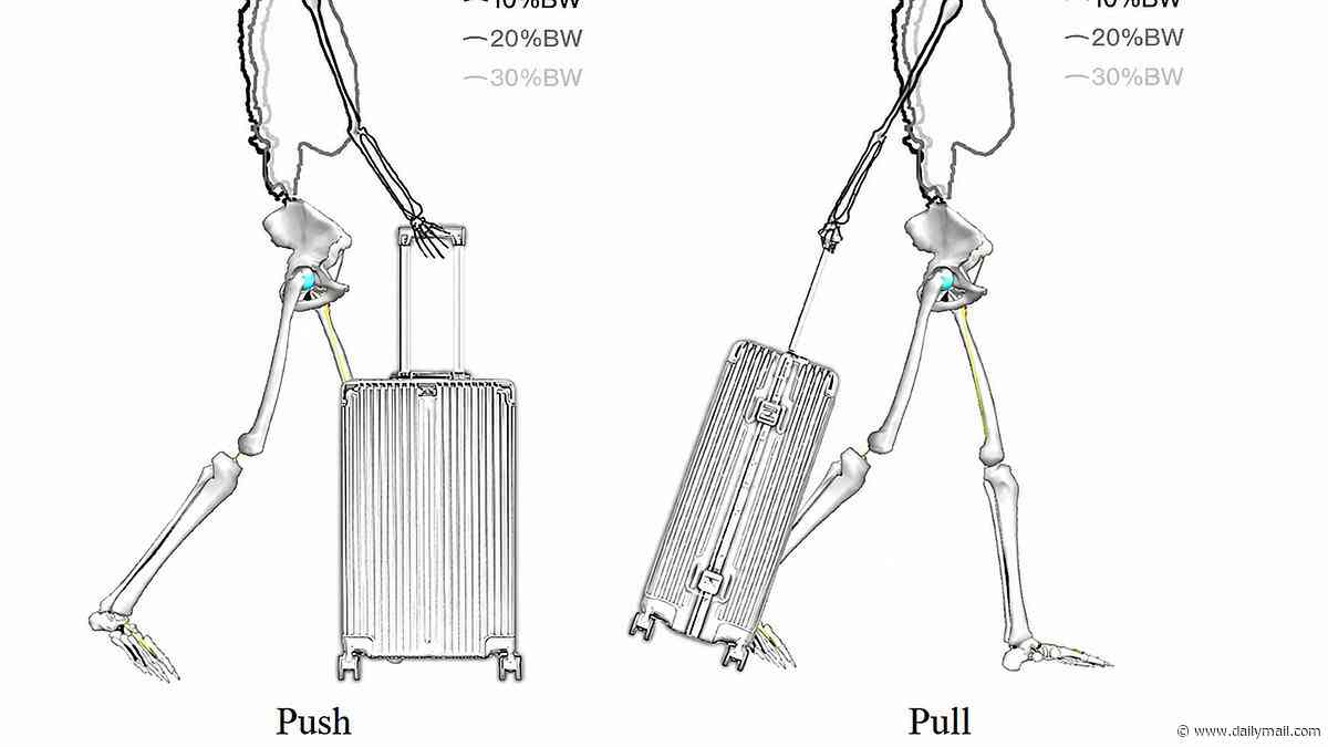 What a drag: Shocking images reveal the strain PULLING a suitcase has on your body - as experts advise pushing your cases instead